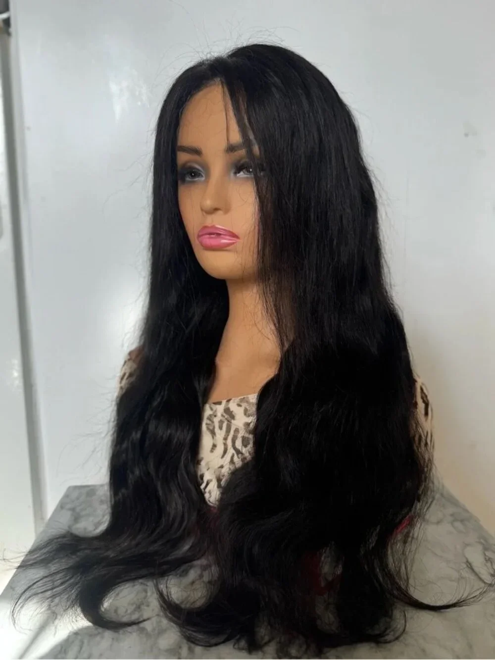 Human Hair Blend Lace Front Wig Long Wavy Black Part Heat Resistant